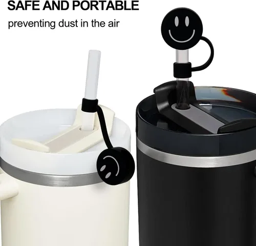 Miniatura 6 de Whaline 6 fundas de paja negras con diseño de sonrisa de 0.4 pulgadas, de silicona, reutilizables, redondos, con patrón de doble cara, para vasos
