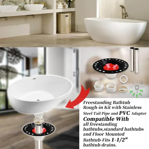 Miniatura 2 de Kit de bañera independiente con tubo de cola de acero inoxidable y adaptador de PVC compatible con todas las bañeras independientes, bañeras