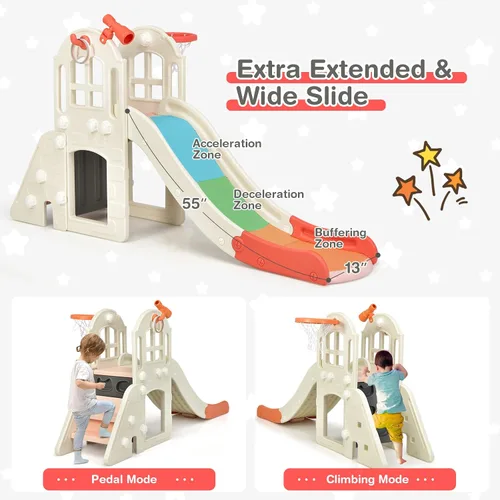 Miniatura 5 de Costzon Juego de casa de juegos y tobogán para niños, casa de juegos 7 en 1 al aire libre con puertas y ventanas de trabajo, mesa de picnic, juego