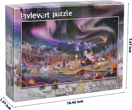 Miniatura 6 de Lavievert Rompecabezas de 1000 piezas para adultos – Noche nevada, aurora, árbol de Navidad, muñeco de nieve, trineo, escultura de hielo y ciervo