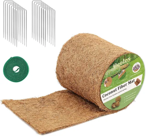 Rollo de mantillo grueso para paisajismo, tapete de fibra de coco de 120 x 6.5 pulgadas con 16 estacas de acero en forma de U y cinta de lazos de