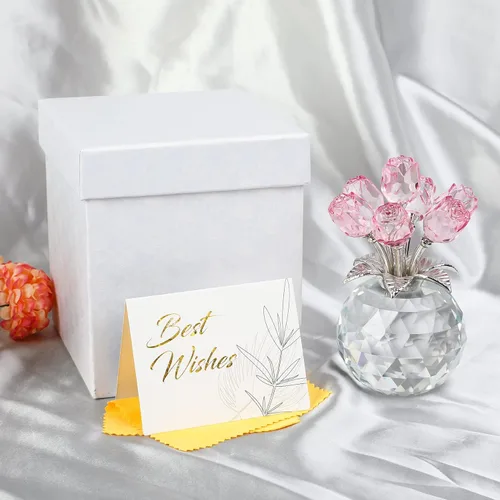 Miniatura 7 de YWHL Figurilla de Flor de Rosa Rosa de Cristal Hecha a Mano con Jarrón Redondo, Regalos de Rosas para Novia, Esposa, Hermana, Regalos Románticos