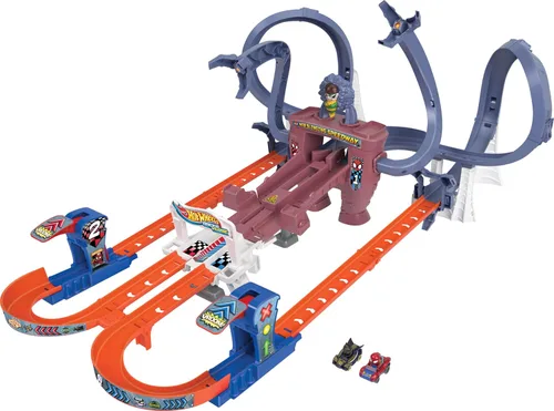 Miniatura 6 de Conjunto de pista de coche de juguete Hot Wheels, pista de carreras de telarañas de Spider-Man de RacerVerse, carrera competitiva con 2 vehículos
