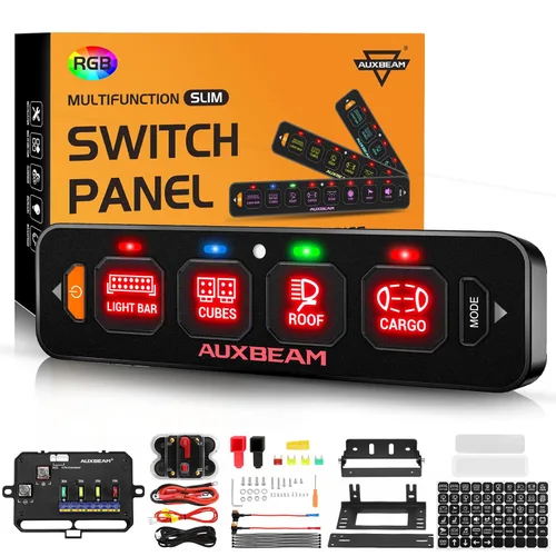 Auxbeam Panel de interruptores de 4 bandas delgado RGB AS-R40 Panel de interruptor atenuable automático con pulsación momentánea, retroiluminación,