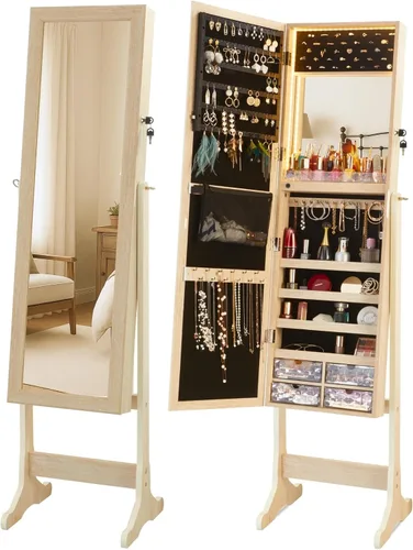 Miniatura 14 de LUXFURNI Armario de joyería con luz LED, espejo de pie, organizador de almacenamiento grande con cerradura y cajones (blanco)