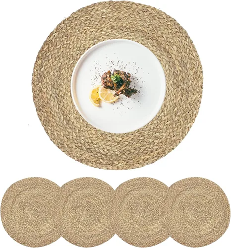 Miniatura 20 de Juego de 6 manteles individuales redondos tejidos con 6 posavasos, manteles individuales de jacinto de agua natural, manteles individuales de ratán