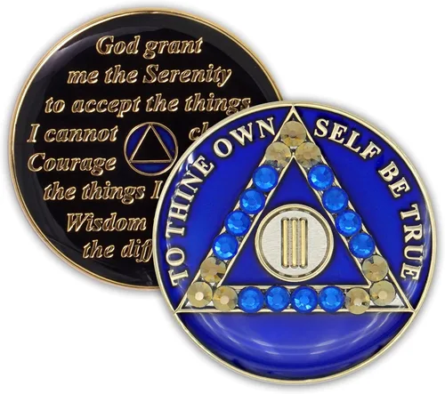 Miniatura 11 de Moneda de sobriedad de 10 años Ficha de aniversario de recuperación de medallón de chip AA cristalizado azul con oración de serenidad