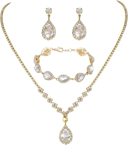 COCIDE Bride Jewelry Set Silver Crystal Wedding Necklace Earrings Bridal Rhinestone Teardrop Pendant Accessories for Women and Bridesmaids (3 piece
