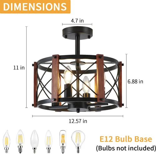 Miniatura 5 de Lámpara de techo semiempotrada rústica de 4 luces, 12.57 pulgadas, moderna, para entrada, pasillo, lámpara de cocina con tambor de madera de roble