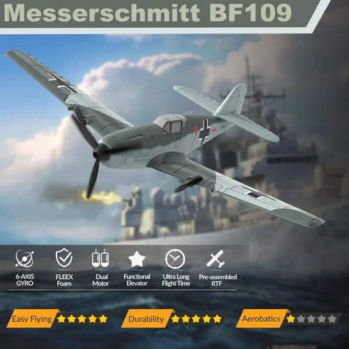 Miniatura 2 de Avión RC ANBURI, Avión de control remoto BF - 109 de 3 canales, 2.4GHz y estabilizador de giro de 6 ejes, 2 baterías incluidas, ideal para adultos