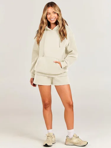 Miniatura 6 de ANRABESS Conjunto de 2 piezas para mujer, sudadera corta con cordón y capucha de gran tamaño, conjunto a juego
