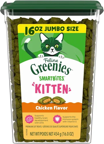 Greenies Feline SmartBites - Golosinas naturales para gatitos saludables, crujientes y suaves, sabor a pollo, envase de 16 onzas