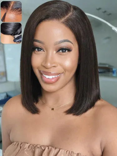 Miniatura 55 de KLAIYI Peluca de cabello humano con encaje frontal precortada 7x5, corte Bob en capas, corte romo, cordón sin pegamento, peluca predepilada