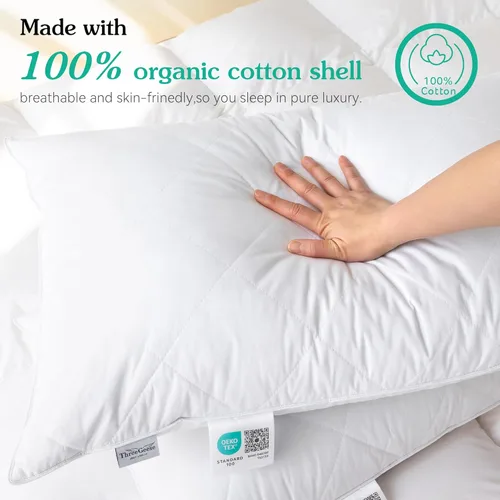 Miniatura 2 de Juego de 2 almohada de plumas de ganso blanco. Funda de algodón egipcio de 600 hilos. Almohada de firmeza media, tamaño Queen, apoyo suave