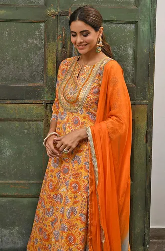 Miniatura 5 de Janasya Kurta india de algodón mostaza bordado con palazzo y dupatta