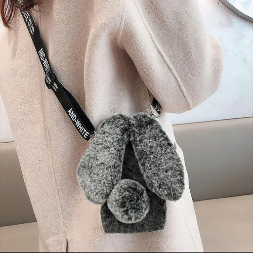 Miniatura 2 de Funda de felpa con orejas de conejo 3D para Motorola Moto G Play 2021 con correa cruzada, cálida para invierno, hecha a mano, con diamantes Gris
