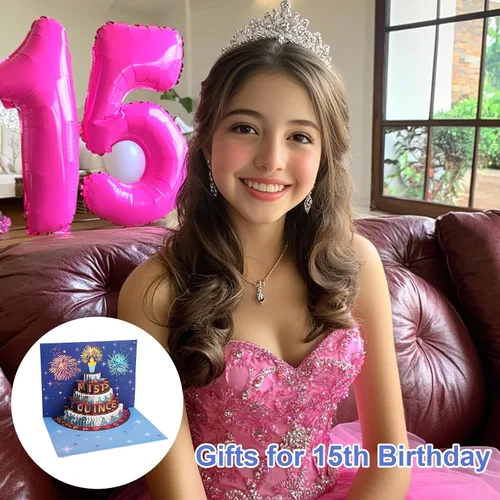 Miniatura 7 de Rotel Tarjeta de quinceañera, luz de pastel emergente y música, tarjeta de feliz cumpleaños 15 para regalos de quinceañera, tarjetas
