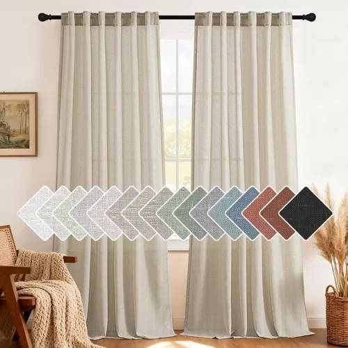Miniatura 40 de H.VERSAILTEX Cortinas de lino natural de 63 pulgadas de largo para sala de estar, 2 paneles con trabillas traseras y bolsillo, texturizadas