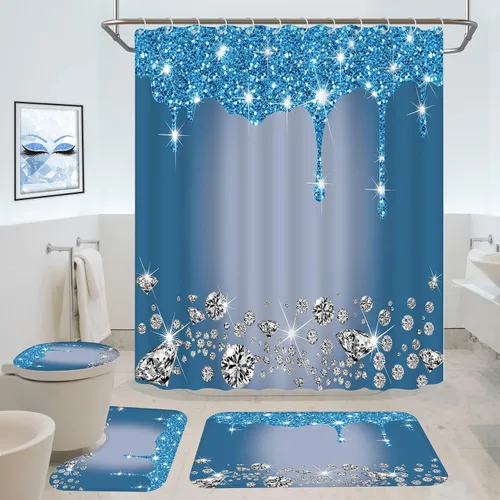 Miniatura 11 de 4 piezas de juego de cortina de ducha con destellos de diamantes, decoración de baño negra y plateada con goteo brillante con tapete y funda