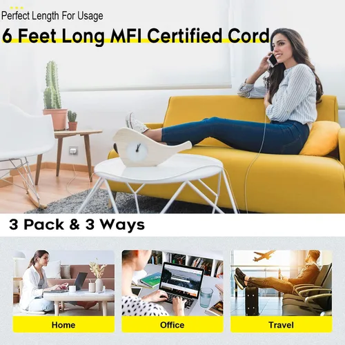 Miniatura 3 de Cargador rápido para iPhone, cable de carga de teléfono, paquete de 3 cargadores de iPhone de carga rápida de 6 pies, adaptador de carga USB C de 6