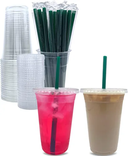 [100 juegos] Vasos de plástico transparente de 24 onzas con tapas y pajitas, vasos desechables de fiesta para llevar café helado, bebidas frías,
