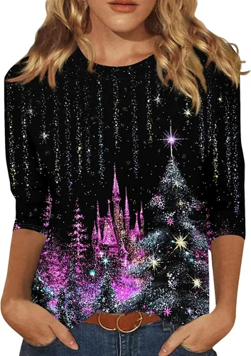 Miniatura 75 de Camisetas de manga 3/4 para mujer, cuello redondo, holgadas, casuales, con estampado floral, camisetas de moda para el trabajo de negocios