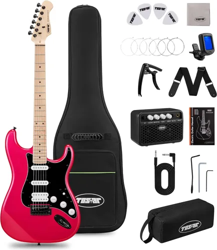 Miniatura 32 de Tostar Kit de guitarra eléctrica con amplificador, 39 pulgadas, tamaño completo, 6 cuerdas, ligero, diseño de cuerpo redondeado, interruptor