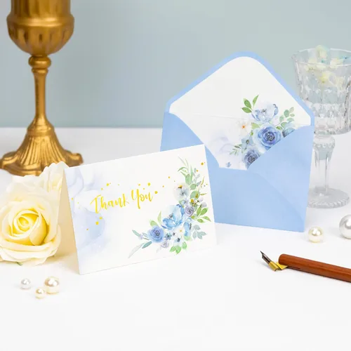 Miniatura 5 de Crisky 4 Tarjetas de agradecimiento azul dorado con acuarela floral surtidas con sobres (paquete de 25) con sobres de papel de regalo blancos