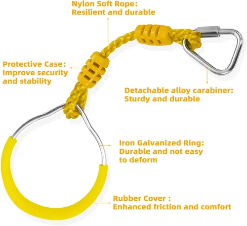 Miniatura 7 de Anillos Ninja Swing para Interiores y Exteriores, Equipo de Entrenamiento de Gimnasia para Patio Trasero, Paquete de 2 Amarillos Colgantes, Gimnasio