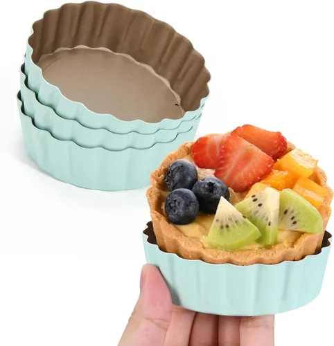 Miniatura 10 de Juego de mini sartenes para tartas, 6 sartenes de 3.6 pulgadas con parte inferior extraíble y manipulador de tartas, sartén extra profunda de 1