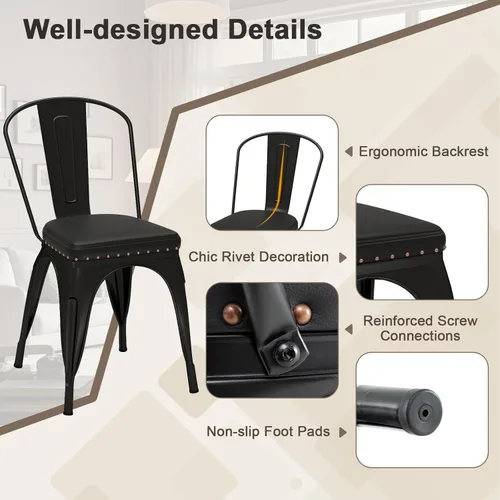 Miniatura 4 de Giantex Juego de 4 sillas de comedor de metal, sillas auxiliares apilables de cocina sin brazos con respaldo desmontable y asiento acolchado de piel