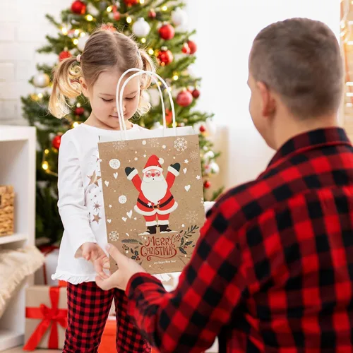 Miniatura 6 de Resholder 48 Piezas Bolsas de Papel Kraft de Regalo de Navidad a Granel con Asas Bolsas de Dulces Navideñas Reutilizables para Regalos Suministros