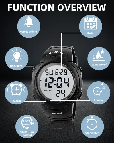Miniatura 6 de CakCity Reloj deportivo digital para hombre, pantalla LED, esfera grande, reloj militar para hombre, impermeable, casual, luminoso, cronómetro