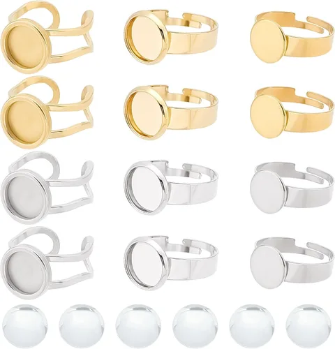 Miniatura 14 de SUNNYCLUE Anillo de dedo, base de anillo ajustable en blanco, media redonda, base de cabujón plano, configuración de bandeja de bisel para kit