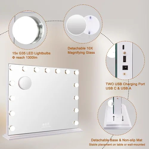 Miniatura 10 de FENCHILIN Espejo de tocador con luces, espejo de maquillaje iluminado al estilo Hollywood con 15 bombillas LED regulables para vestidor