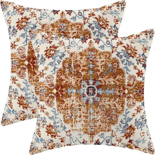 Juego de 2 fundas de almohada bohemias de 20 x 20 pulgadas, fundas de cojín con patrón de alfombra, color amarillo mostaza y azul, diseño étnico,
