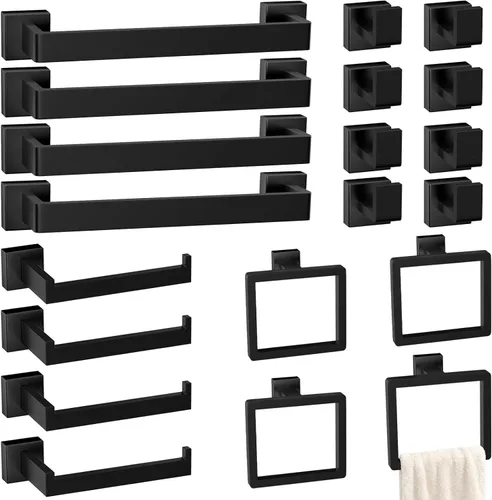 Miniatura 15 de Juego de 10 accesorios de baño negro mate, juego de herrajes de baño de acero inoxidable, toalleros para baño montados en la pared, juego de barras