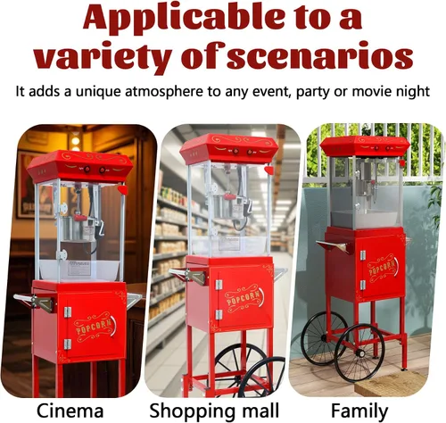 Miniatura 7 de Máquina de palomitas de maíz vintage con carrito, carrito de palomitas de maíz de 6 onzas, máquina para hacer palomitas de maíz con gabinete de Rojo