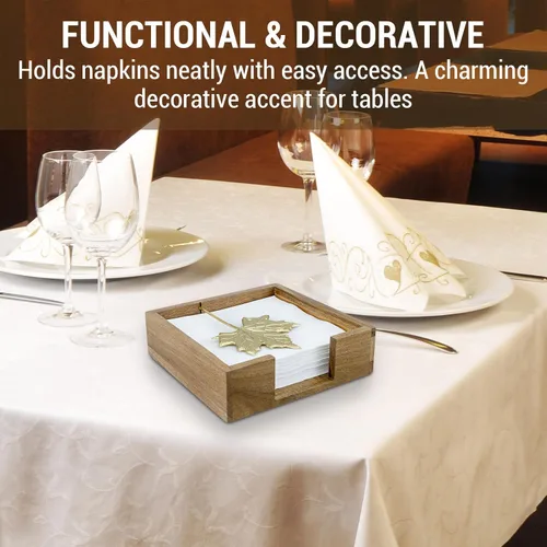 Miniatura 3 de MyGift Servilletero de mesa de madera de acacia de alta calidad, dispensador de servilletas cuadrado rústico con brazo decorativo de hoja de arce