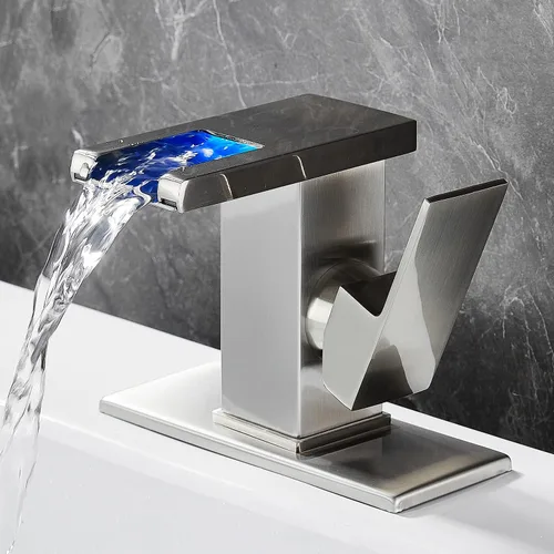 Miniatura 2 de Grifo de baño en cascada, cascada de grifo LED, níquel cepillado de un solo agujero, grifo de lavabo de baño en cascada, grifo de baño con luz LED