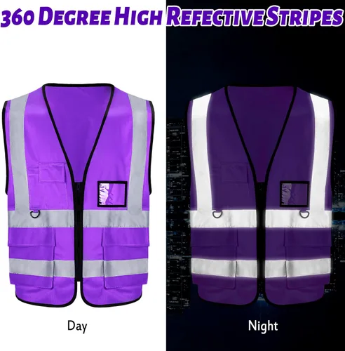 Miniatura 4 de EBOOT Chaleco reflectante de alta visibilidad, chaleco de seguridad neón brillante para la construcción con bolsillos, tiras reflectantes (morado)