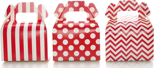 Food With Fashion Cajas de regalo rojas (paquete de 36) – lunares, cheurón zig-zag, pequeñas cajas rojas a rayas, cajas de regalo de fiesta de