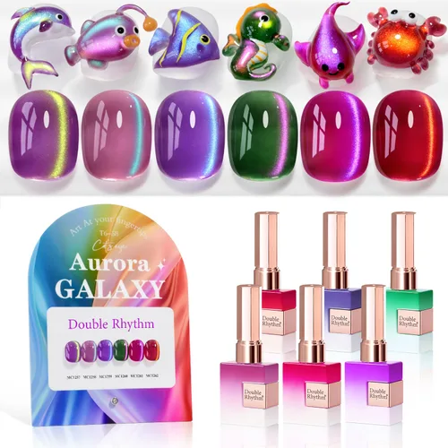 Double Rhythm - Juego de esmalte de uñas de gel ojo de gato de 6 unidades, mismo color, misma botella, 14.8 ml, brillo con glitter, con imán,