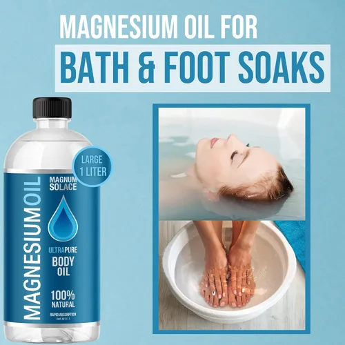 Miniatura 2 de Spray de aceite de magnesio y remojo de baño, botella grande de 1 litro (34 onzas) y 2 onzas, alternativa a los copos de baño de magnesio o sales