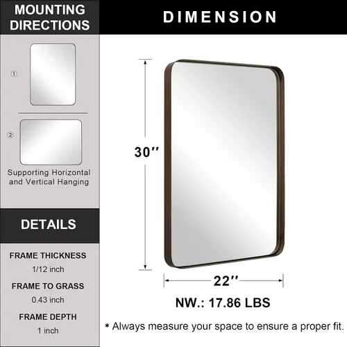 Miniatura 2 de ANDY STAR - Espejo de pared para baño, espejo de baño de bronce de 22 x 30 pulgadas con marco de metal de acero inoxidable de esquina redondeada