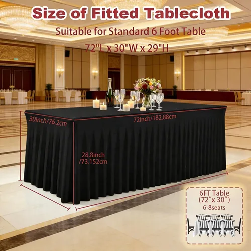 Miniatura 2 de Paquete de 3 manteles de elastano negro para mesas rectangulares de 6 pies, sin arrugas, manteles de poliéster elástico de 6 pies con falda