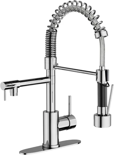 Miniatura 9 de Grifo de cocina de doble boquilla con rociador extraíble, grifo de fregadero comercial de acero inoxidable de níquel cepillado con relleno de olla