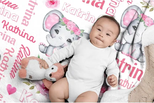 Miniatura 4 de Manta personalizada de elefante bebé para niñas y mujeres, manta personalizada con nombre, mantas de franela suave y acogedora para sofá, cama