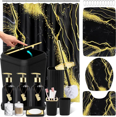 Miniatura 17 de 21PCS Bathroom Sets with Shower Curtain and Rugs Bathroom Accessories Set Beige Bathroom Set Complete with Trash Can, Toilet Brush, Qtip Holder &