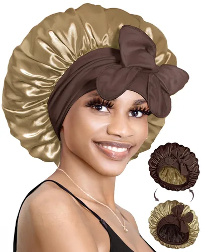 Miniatura 8 de BONNET QUEEN Gorro de seda para dormir, gorro de satén con lazo para el cabello, doble capa, para mujeres, cabello rizado, color marrón